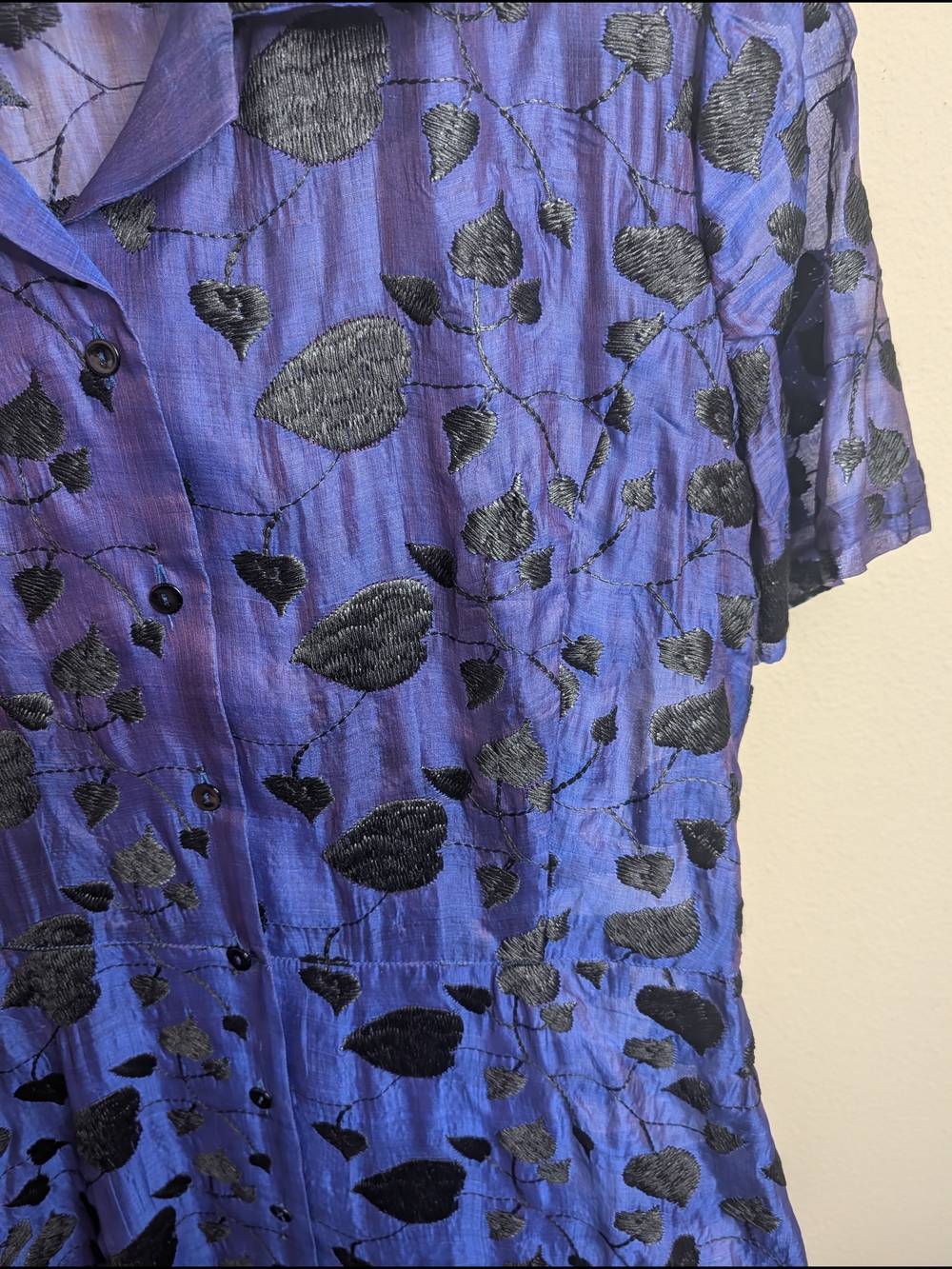 Marianne Kooimans 2 Silk Embroidered Leaf Midi Dress Button Front Blue Black - Picture 4 of 9